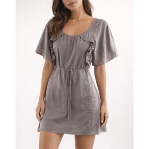 Moulinette Soeurs Short Puff Sleeve Belted Silk Mini Dress Dove Gray 6